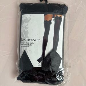 Leg Avenue Opaque thigh highs with chiffon ruffle and satin bow NEW black OS